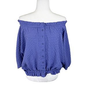 Maeve Anthropologie Blouse Women Medium Purple Off Shoulder Plaid Dolman Casual